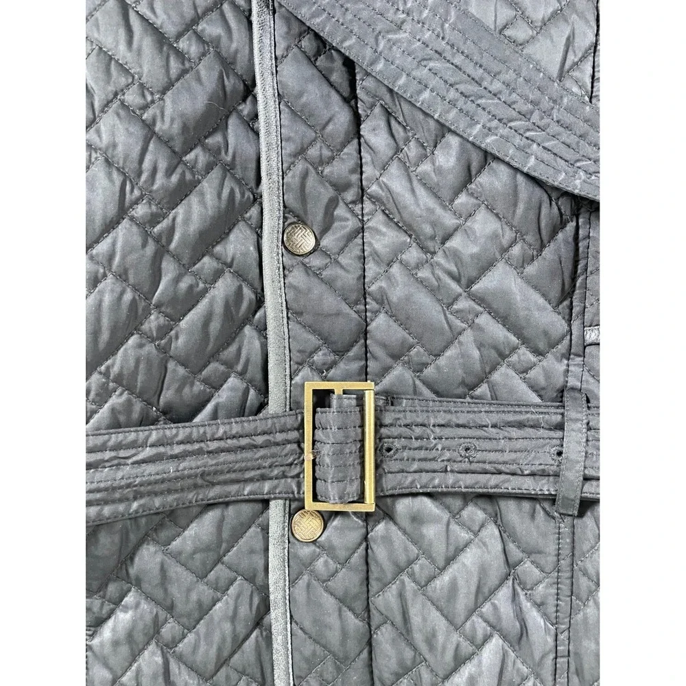 Cole Haan Womens Quilted Trench Coat Belted  Black Lamb Skin Trim‎ Medium